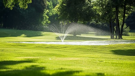 Sprinkler watering the grass in the park : Generative AIの素材