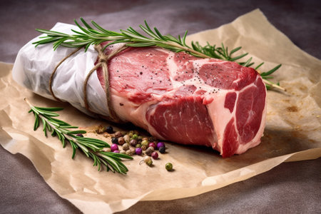 Raw boneless lamb leg with garlic and rosemary : Generative AIの素材