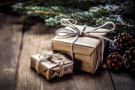 brown christmas gift with snow on wooden background : Generative AIの素材