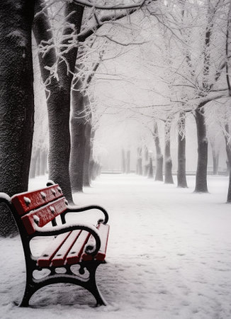 Winter park Bench covered with fresh snow in the park : Generative AIの素材