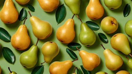 Yellow and green pears and apples with small orange autumn leaves laying on green grass : Generative AIの素材
