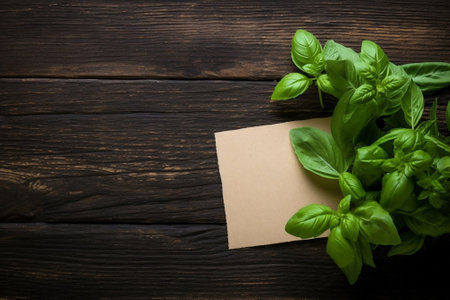 fresh basil leaf on a wooden background : Generative AIの素材