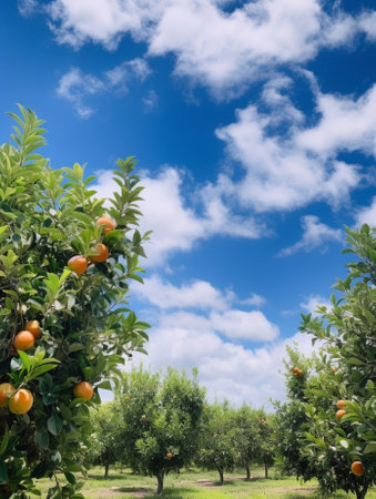 young orchard and blue sky and clouds : Generative AIの素材