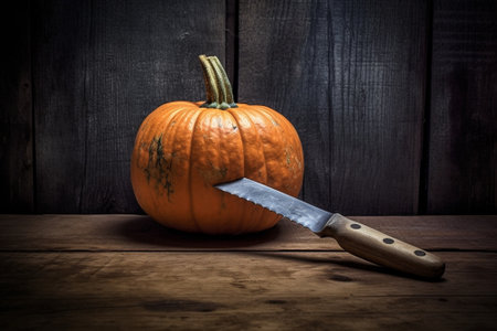 A fresh piece of pumpkin on a wooden background : Generative AIの素材