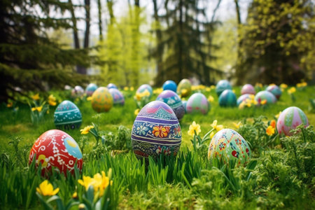 Easter eggs on green grass : Generative AIの素材