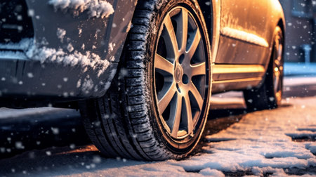 Car with mounted snow chains in wintry environment : Generative AIの素材