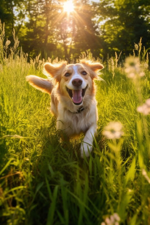 Dog is playing in high grass : Generative AIの素材