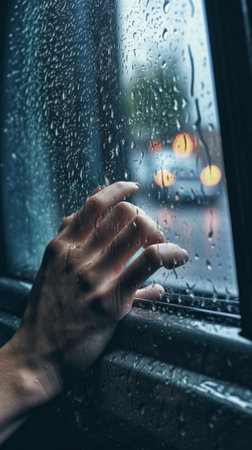 Childs hands on the window with rains drops Copy space : Generative AIの素材