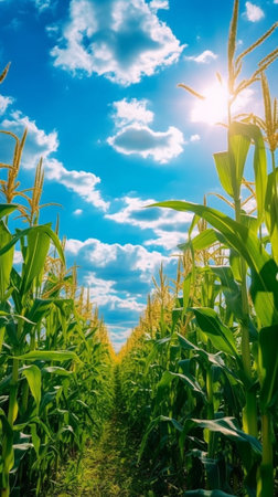 Corn field with blue sky and white cloud : Generative AIの素材