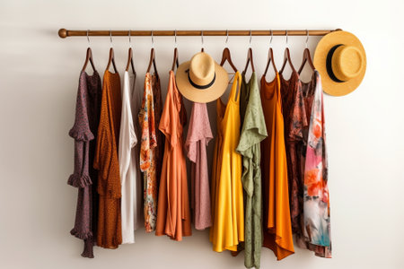 Colorful womens dresses on hangers in a retail shop Fashion and shopping concept : Generative AIの素材