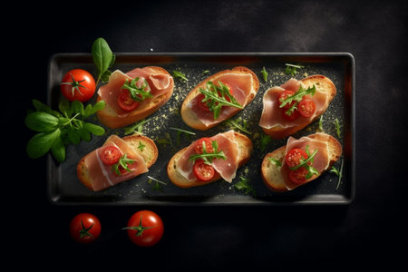 Grilled bruschetta with prosciutto ham and cheese : Generative AIの素材