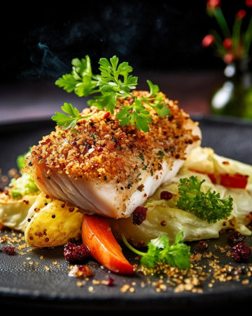 Fine dining fish fillet breaded in herbs and spice on vegetable risotto : Generative AIの素材