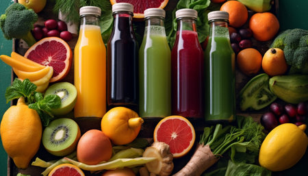 Fresh detox juices from fruit and vegetables in glass bottles on a wooden background : Generative AIの素材