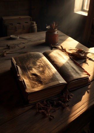 Old book open on a table : Generative AIの素材