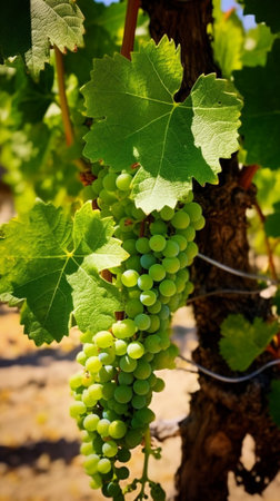 First spring leaves on a trellised vine growing in vineyard : Generative AIの素材