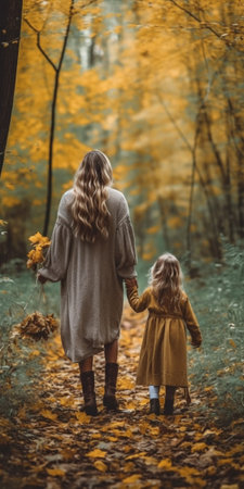 Mom brunette and blonde daughter in beige cap hold hands and look at each other in autumn park : Generative AIの素材