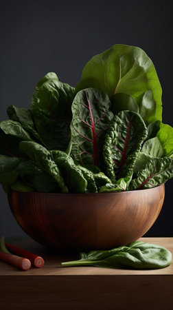 Raw mangold on wooden backgound Garden fresh Swiss chard silverbeet leaves : Generative AIの素材