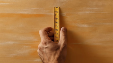 Mans hands holding length centimetre ruler for building use against red brick wall Copy space Focus is at the ruler Building concept : Generative AIの素材