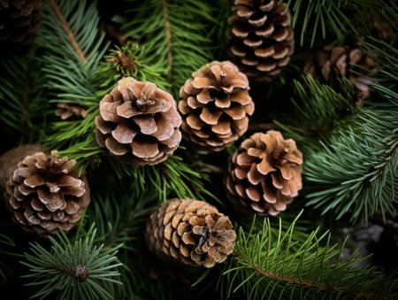 Group of rotten pinecone fall from pine tree pine cone is symbol of Christmas season and also is Xmas ornament ground cover with pine needle : Generative AIの素材