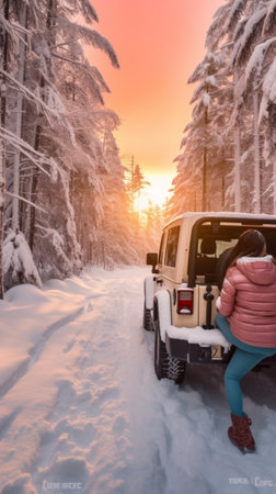 Little blonde girl sits in a red childrens convertible in the snowy spruce forest and catches snowflakes with her hands High quality photo : Generative AIの素材