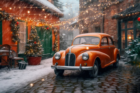 Two young blond brothers with curly hair in red and green winter clothes posing with tangerines siitting in old retro red car with tree and decor Snowing Holiday concept : Generative AIの素材