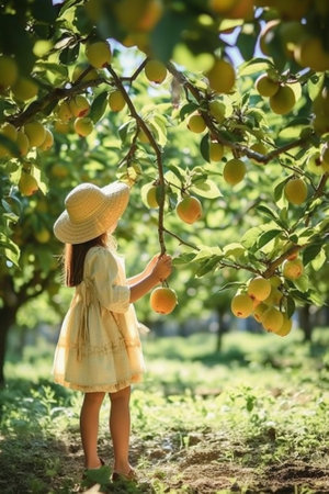 Pretty young girl with long hair in straw hat and white overalls posing with the branch of green pears in the garden : Generative AIの素材