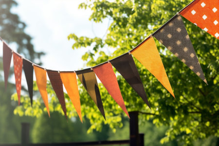 Paper birthday flags garland is at the green garden Copy space : Generative AIの素材