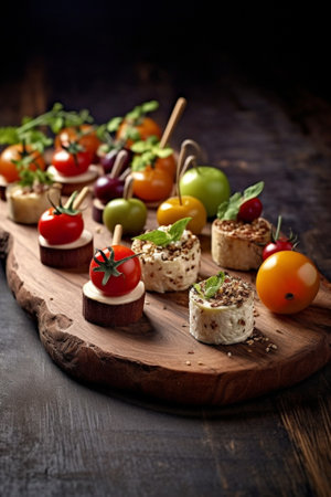 Snacks set Brushettas canapes salads desserts tartlets cheese on wooden table : Generative AIの素材