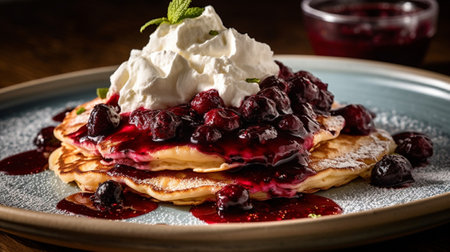 Pancakes with cherry cherry sauce and ice cream : Generative AIの素材