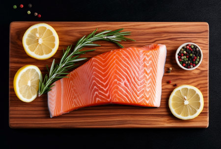 Stake salmon on a chopping board : Generative AIの素材