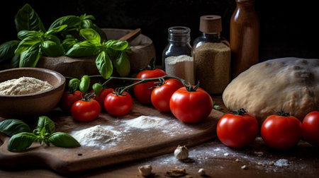 Pizza dough with ingredients and tomato sauce : Generative AIの素材