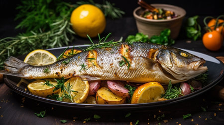 Roasted Carp fish with potatoes and mushrooms : Generative AIの素材