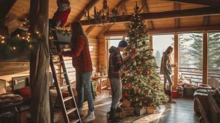 Pretty young woman and little kids in winter pyjamas and hats are drawing and playing together in chalet with Christmas decor Holiday concept : Generative AIの素材
