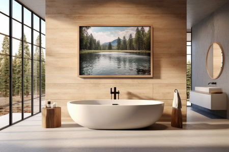 bathtub in modern bathroom with a wooden background : Generative AIの素材