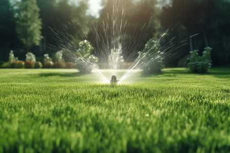 Watering green grass sprinkler Sprinkler with automatic system Garden irrigation system watering lawn : Generative AIの素材