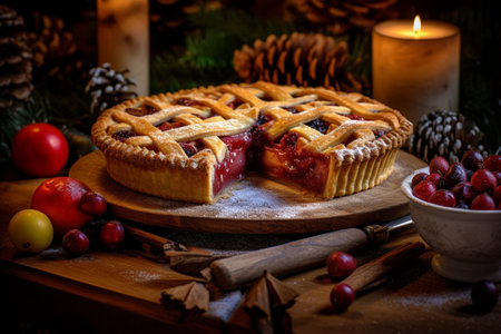 Tart cake with fruit and cream Sweet cake with fruits on the Christmas arrangement with sleds and snow : Generative AIの素材