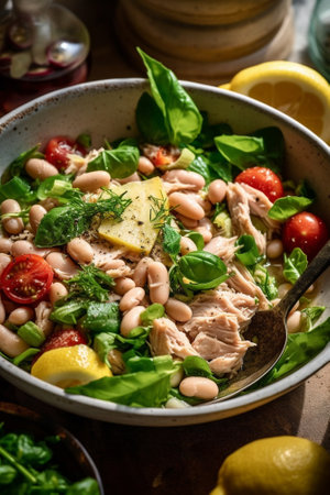 Salad with tuna tomato peanuts and fresh basil : Generative AIの素材