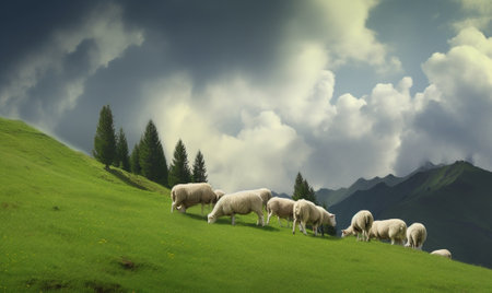 Sheep on a green meadow : Generative AIの素材