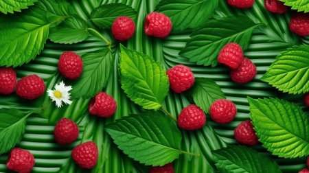 Pattern of raw raspberries and mint leaves Copy space : Generative AIの素材