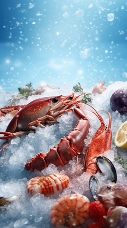 Raw Fish crab and other seafood on ice : Generative AIの素材