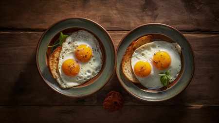 Sunny side up fried egg and mushrooms in a nested stack of old cast iron frying pans in a rustic kitchen overhead view : Generative AIの素材