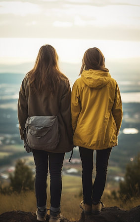 Two pretty young girls in orange hoodie trekking in the autumn mountains Copy space : Generative AIの素材