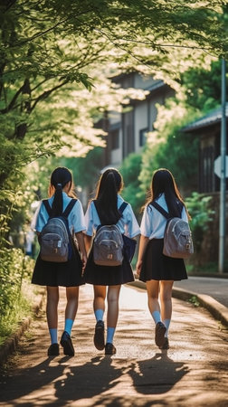 Three cute young girls in school uniform with tails and white bows posing at the school yard Green background Copy space : Generative AIの素材