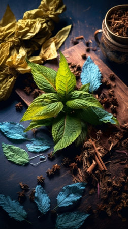 Various leaves of tea and spices on wooden background : Generative AIの素材
