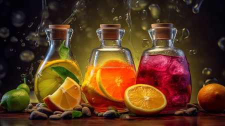 Three types of cold drink in glass carafe : Generative AIの素材