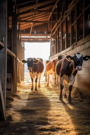 black and white cows in the barn : Generative AIの素材