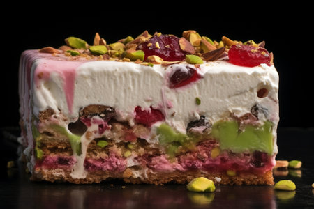 ice cream cake with raspberries almonds and biscuits : Generative AIの素材