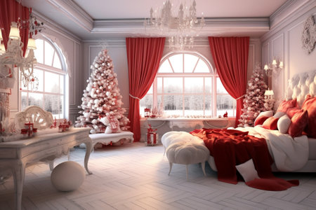 Young man and pretty woman in red Christmas pyjamas laying on a white bed in the room room with big window Snow background : Generative AIの素材