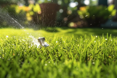 Watering green grass sprinkler Sprinkler with automatic system Garden irrigation system watering lawn : Generative AIの素材