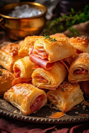 baking in oven rolled bacon and pastry with cheese : Generative AIの素材